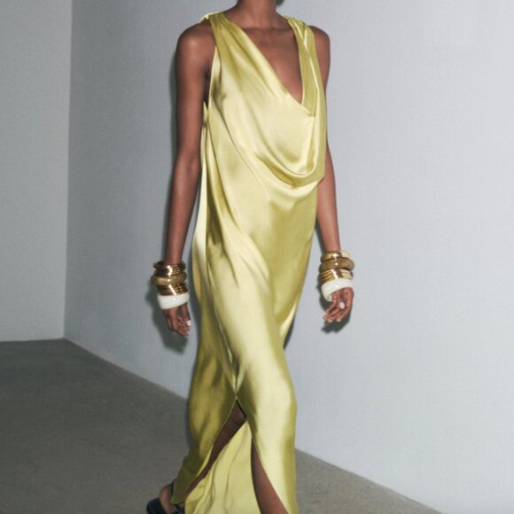 Zara | Dresses | Zw Collection Satin Flowy Dress Lime Green | Poshmark